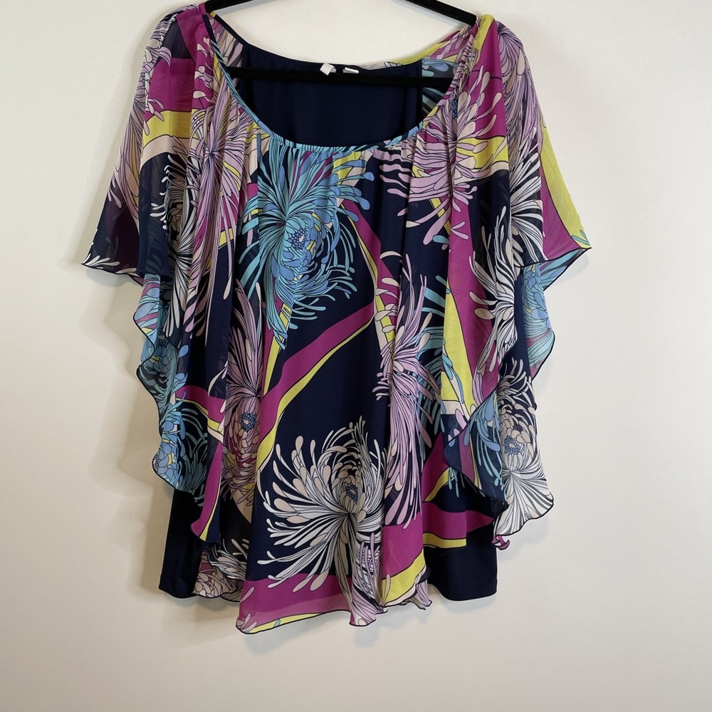 Cato 18/20W Navy Floral Poncho Blouse Chiffon Overlay Plus Size Top